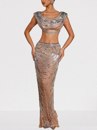 Draped Chain Cropped Top and Skirt Set - S - Suits & Sets