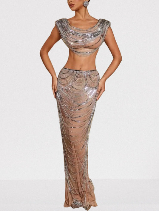Draped Chain Cropped Top and Skirt Set - S - Suits & Sets
