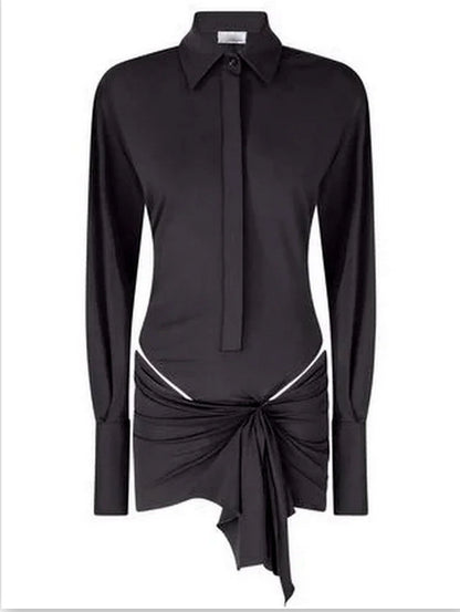 Draped Cut-Out Black Mini Shirt Dress - Dresses