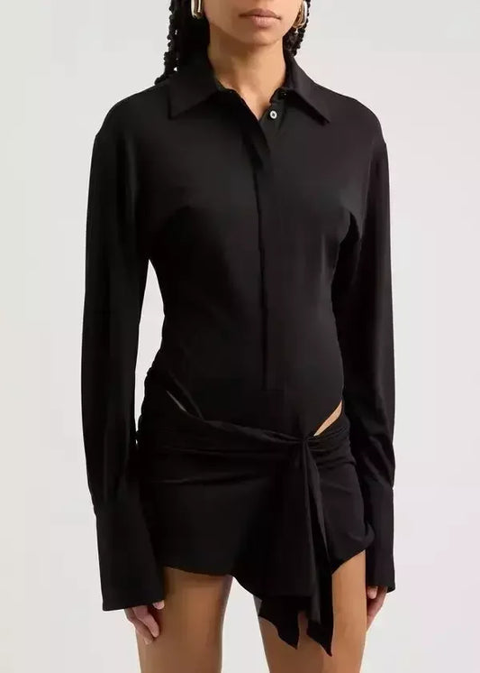 Draped Cut-Out Black Mini Shirt Dress - Dresses