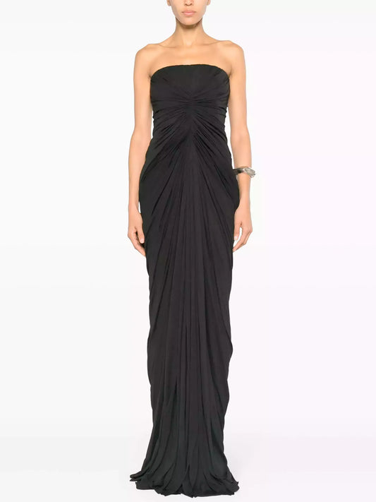 Draped Gathered Strapless Gown in Black - Dresses