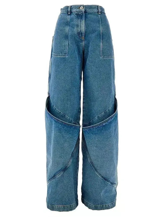 Draped Knee Washed Denim Wide-Leg Jeans - Jeans & Pants