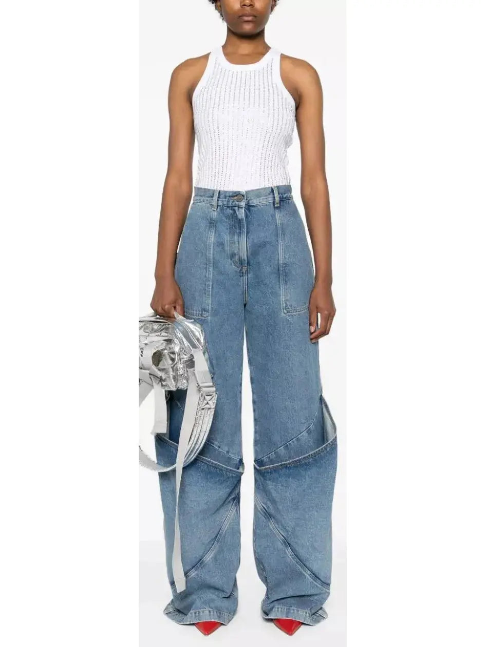 Draped Knee Washed Denim Wide-Leg Jeans - Jeans & Pants