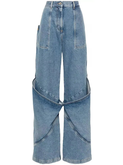 Draped Knee Washed Denim Wide-Leg Jeans - Jeans & Pants