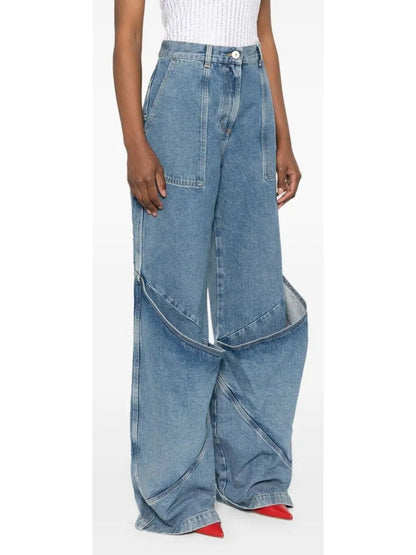 Draped Knee Washed Denim Wide-Leg Jeans - Jeans & Pants