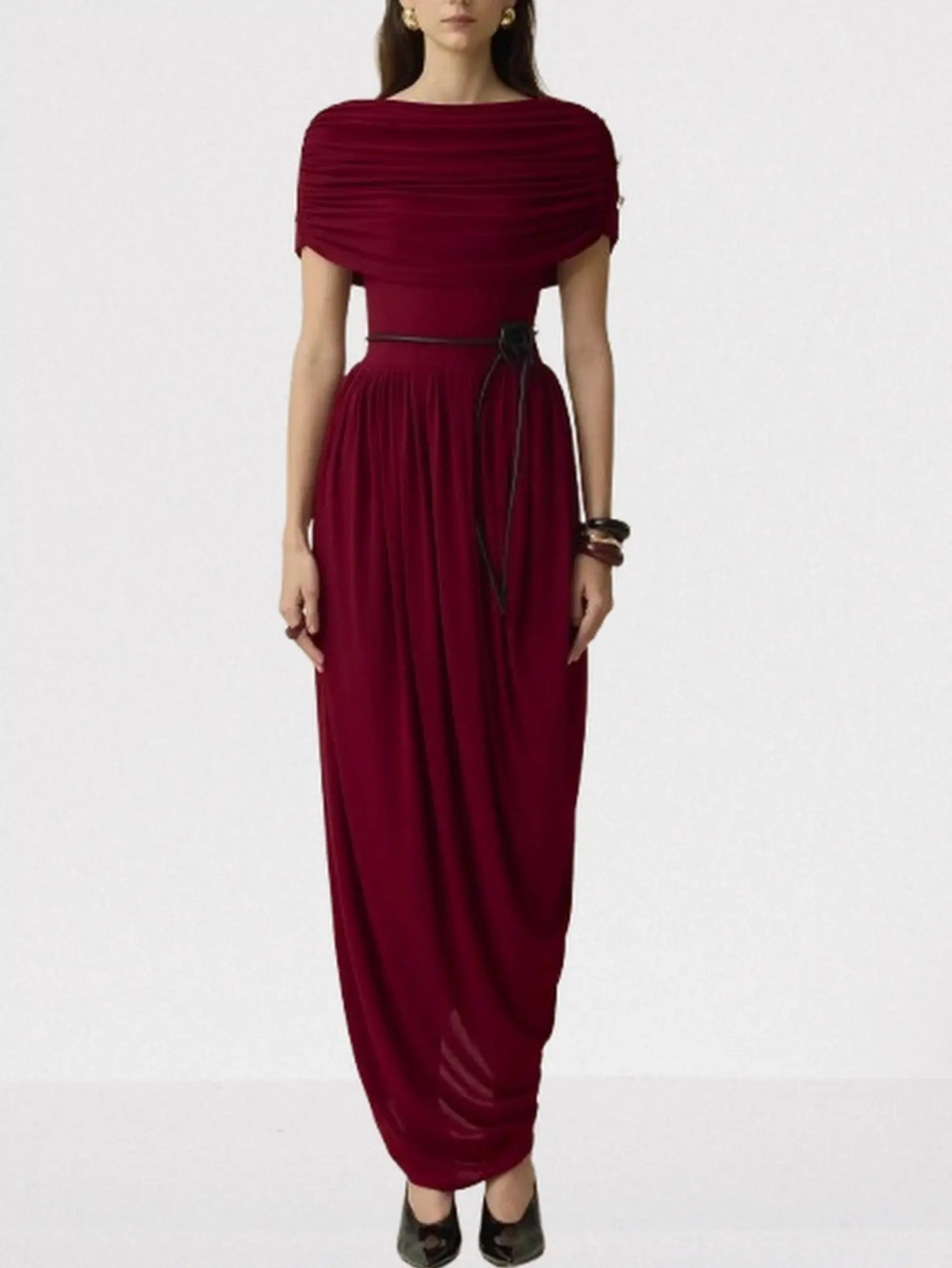 Draped Maxi Dress with Gold Button Shoulders in Wine - Dresses