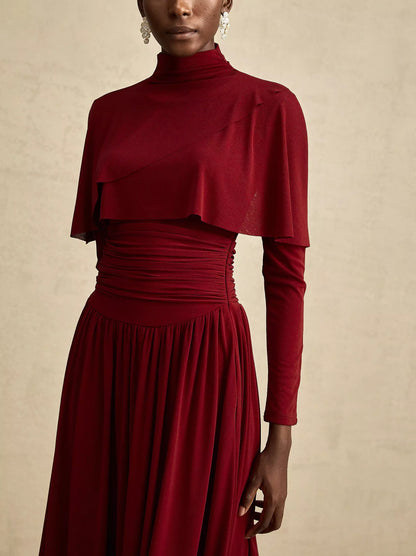 Draped Mock-Neck Ruched Pleated Dress in Dark Red - Dresses