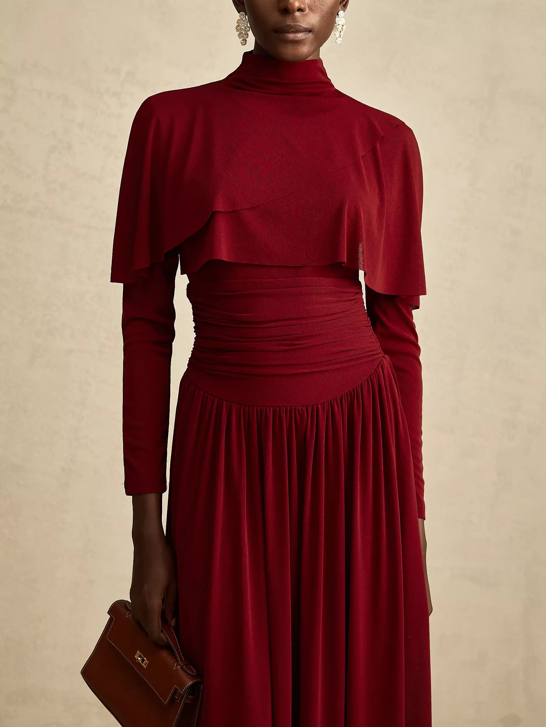 Draped Mock-Neck Ruched Pleated Dress in Dark Red - Dresses