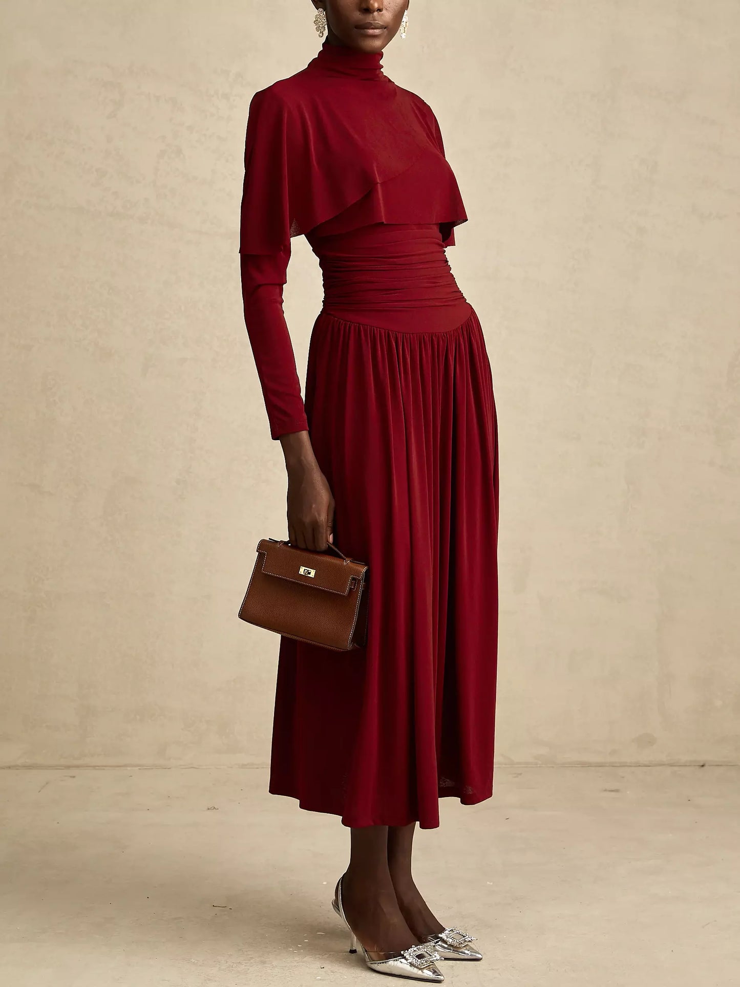 Draped Mock-Neck Ruched Pleated Dress in Dark Red - Dresses