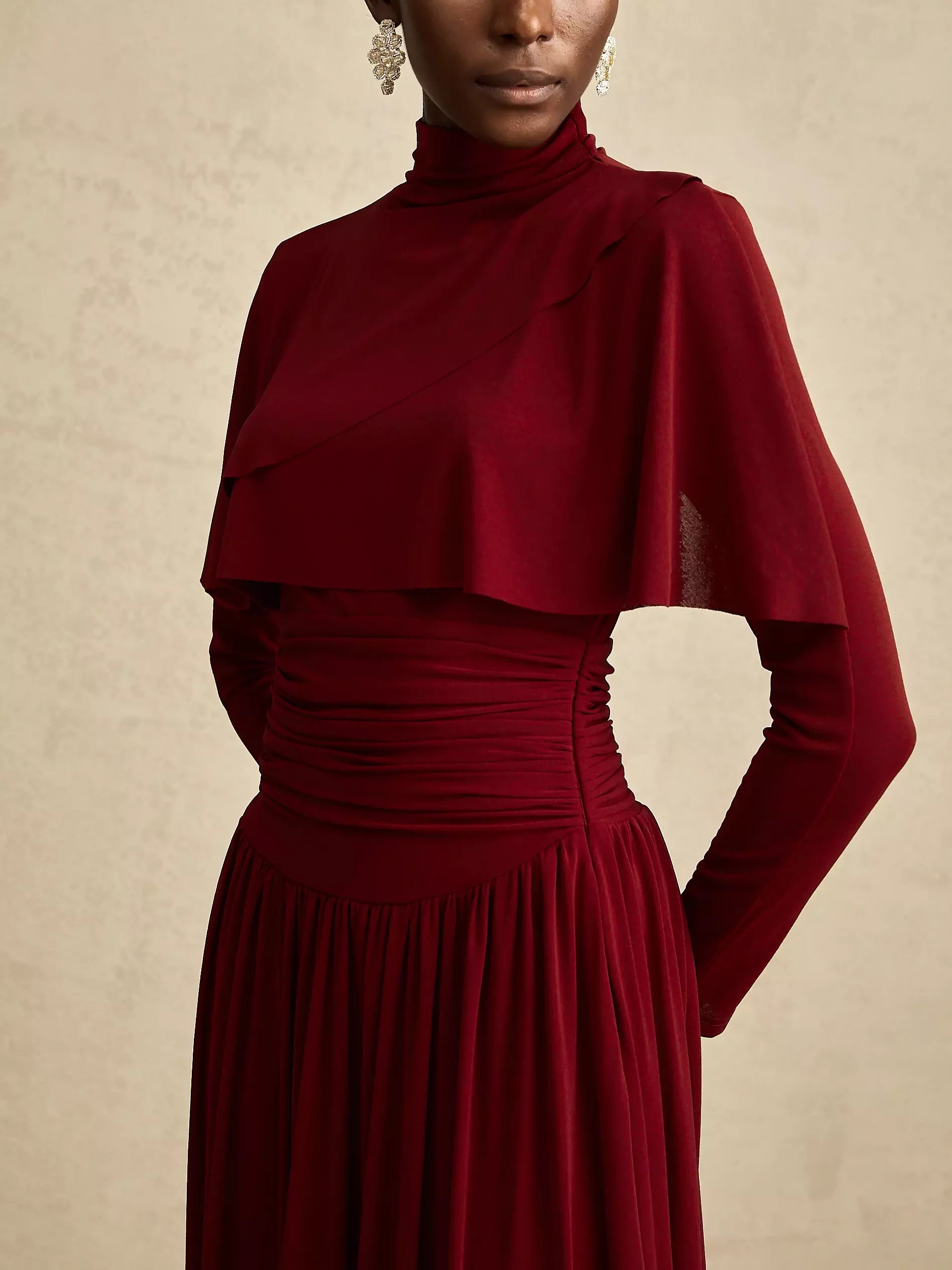 Draped Mock-Neck Ruched Pleated Dress in Dark Red - Dresses