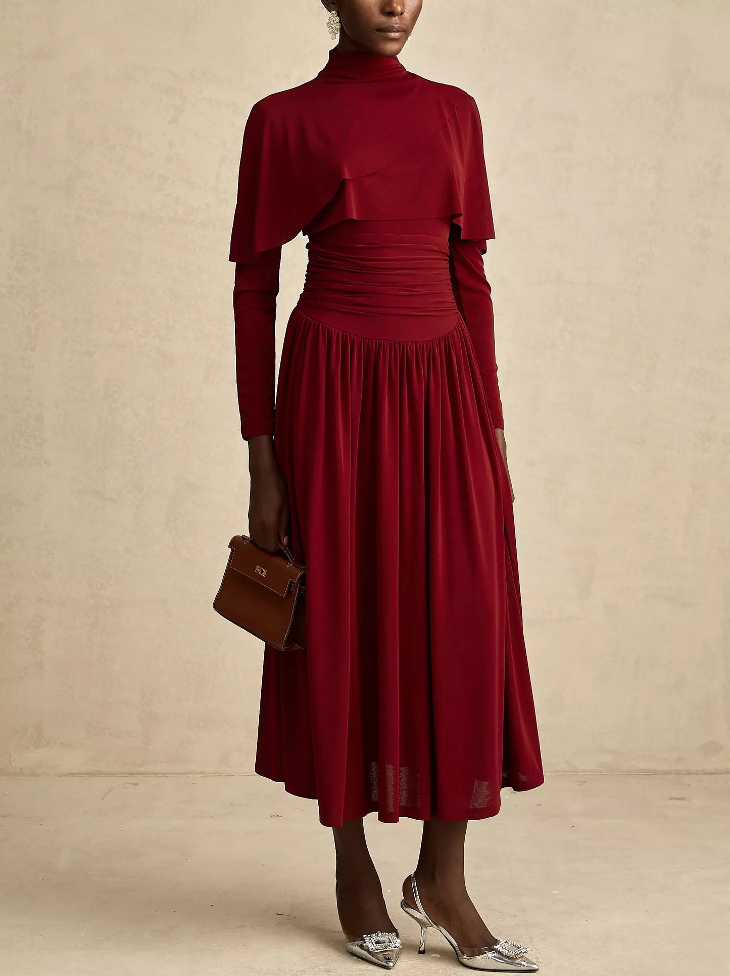 Draped Mock-Neck Ruched Pleated Dress in Dark Red - Dresses