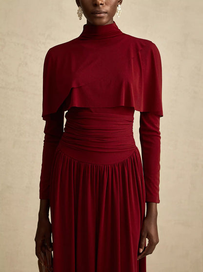 Draped Mock-Neck Ruched Pleated Dress in Dark Red - Dresses