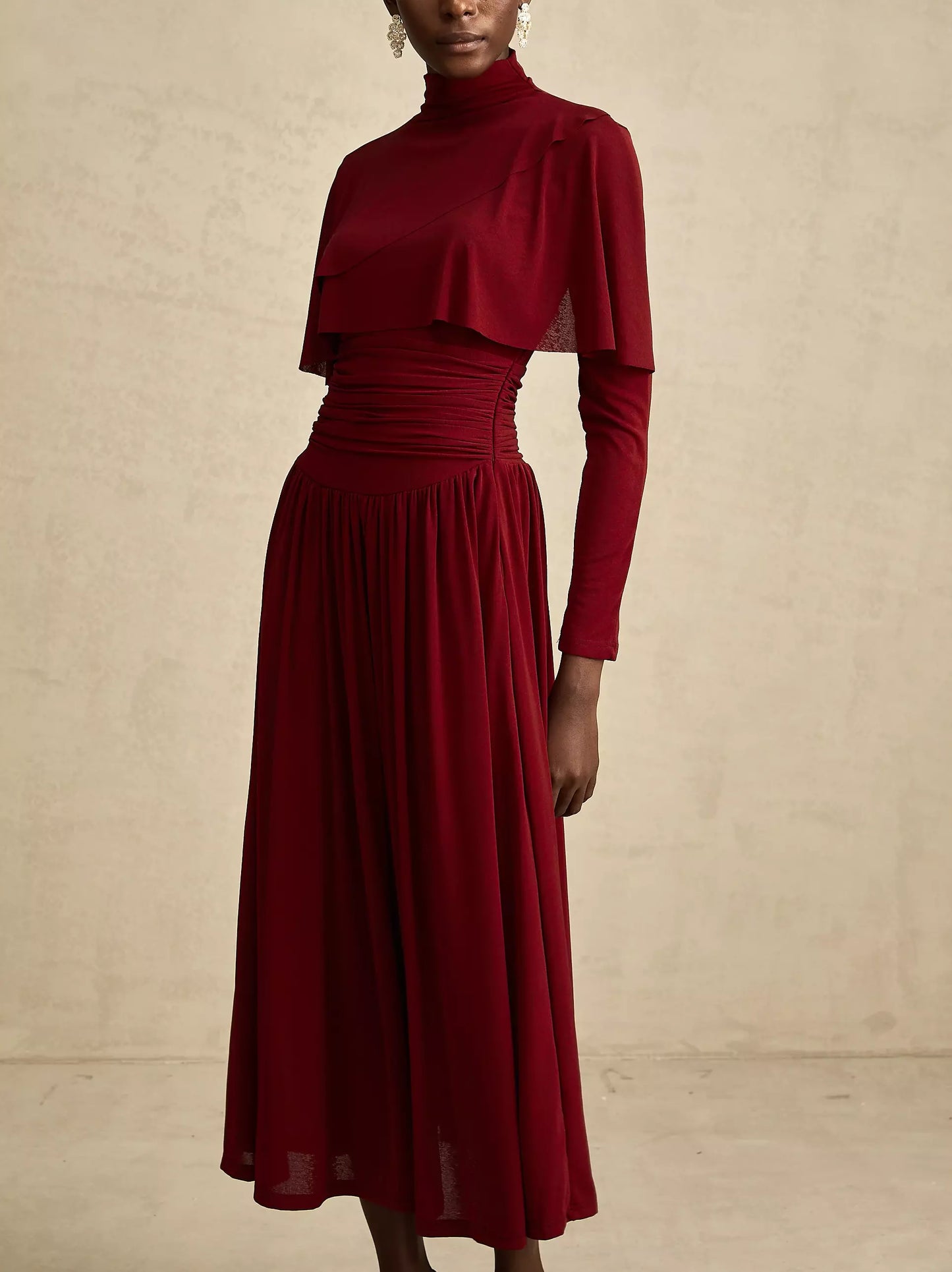 Draped Mock-Neck Ruched Pleated Dress in Dark Red - Dresses