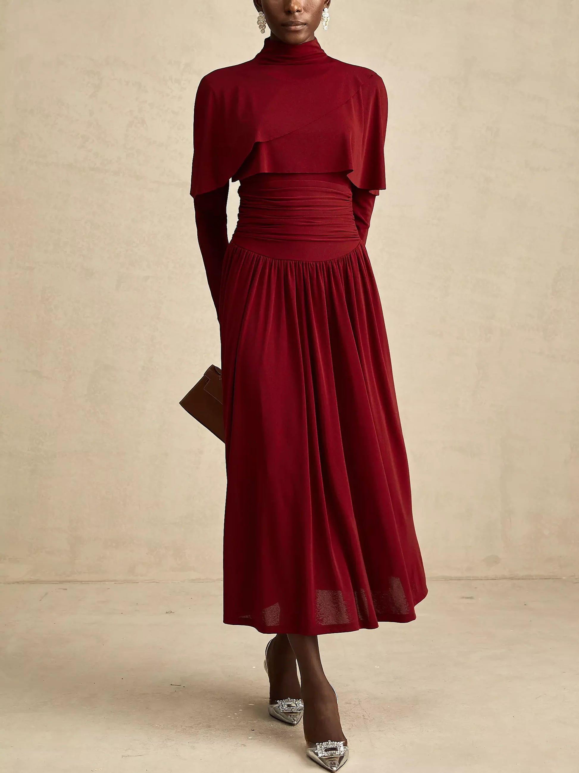 Draped Mock-Neck Ruched Pleated Dress in Dark Red - Dresses