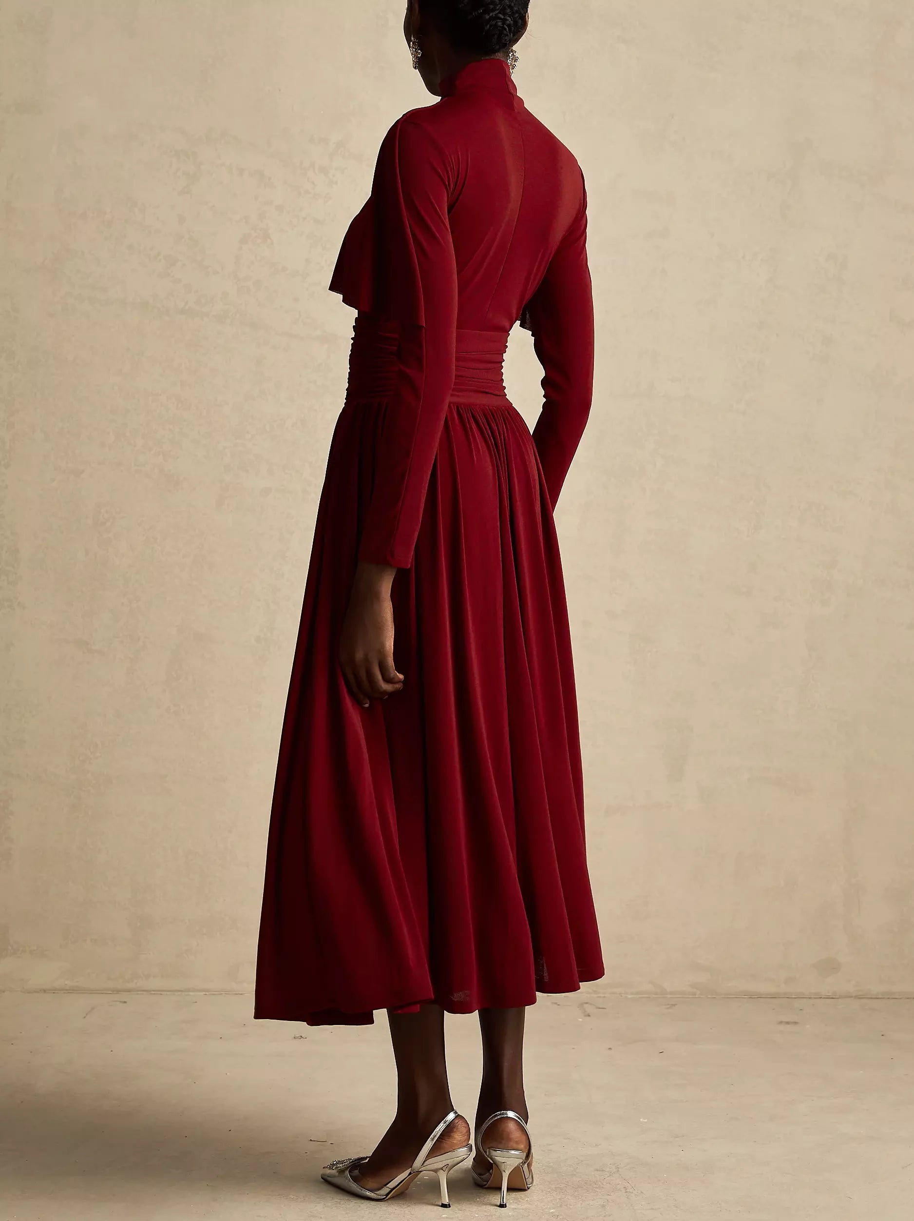 Draped Mock-Neck Ruched Pleated Dress in Dark Red - Dresses