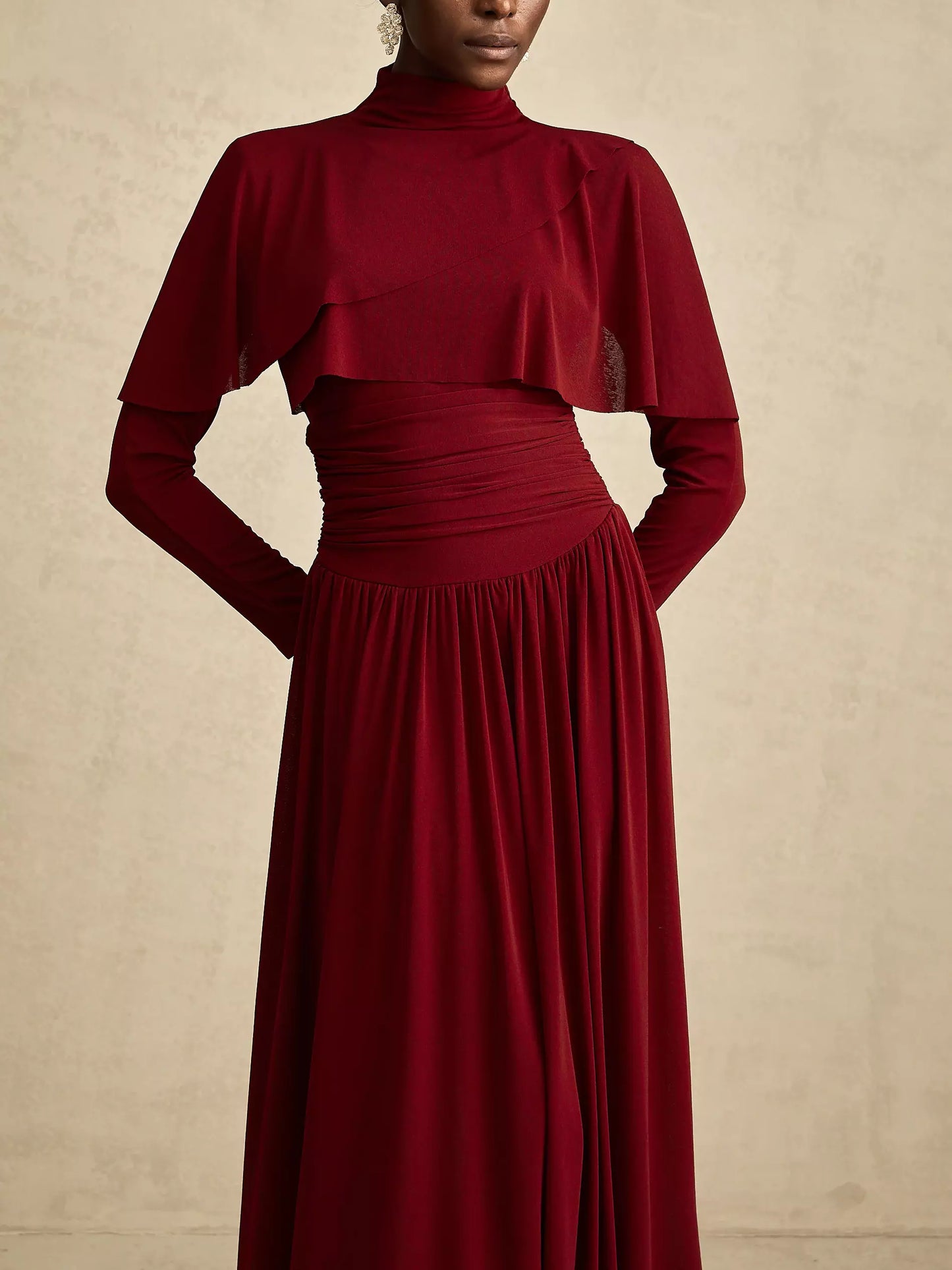 Draped Mock-Neck Ruched Pleated Dress in Dark Red - Dresses