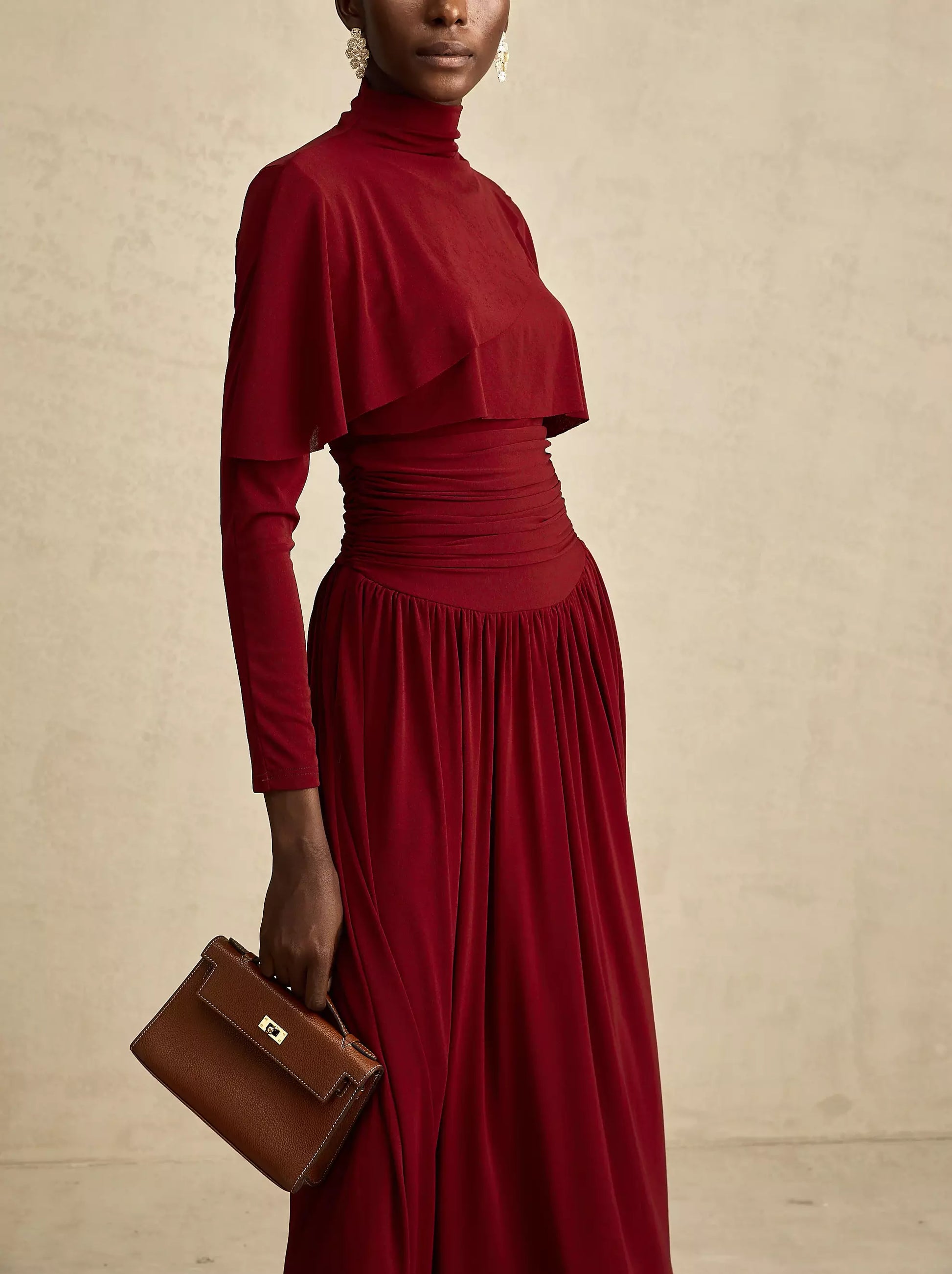 Draped Mock-Neck Ruched Pleated Dress in Dark Red - Dresses