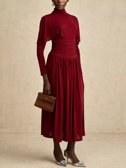 Draped Mock-Neck Ruched Pleated Dress in Dark Red - Dresses