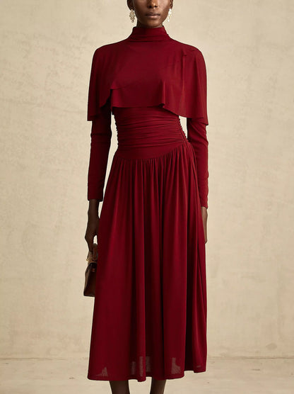 Draped Mock-Neck Ruched Pleated Dress in Dark Red - Dresses