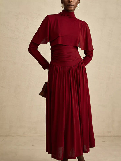 Draped Mock-Neck Ruched Pleated Dress in Dark Red - Dresses