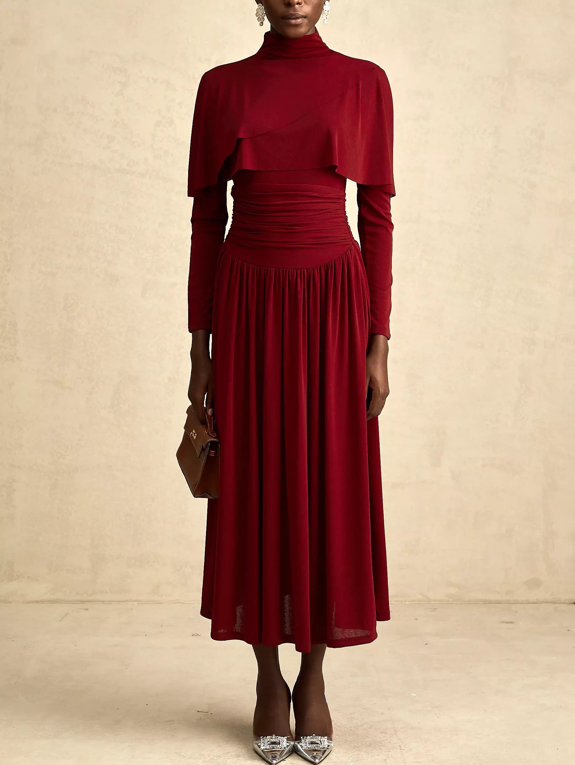 Draped Mock-Neck Ruched Pleated Dress in Dark Red - Dresses