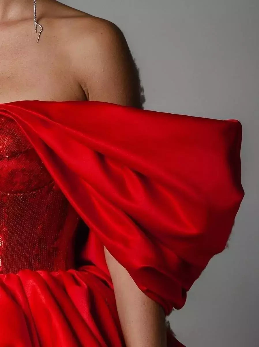 Draped Off-The-Shoulder Red Sequin Fit and Flared Dress by Branna Couture
