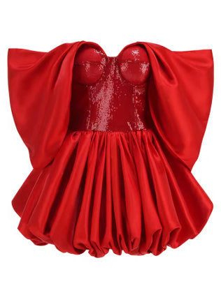 Draped off-the-shoulder red sequin dress by Branna Couture in a stylish mini design