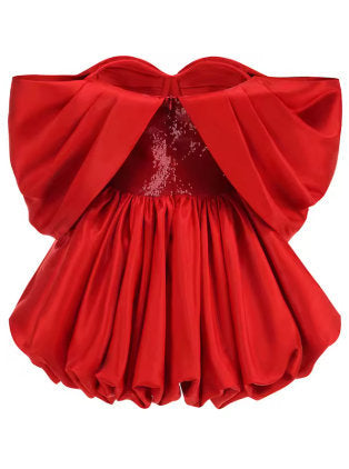 Draped off-the-shoulder red sequin mini dress by Branna Couture for stunning style