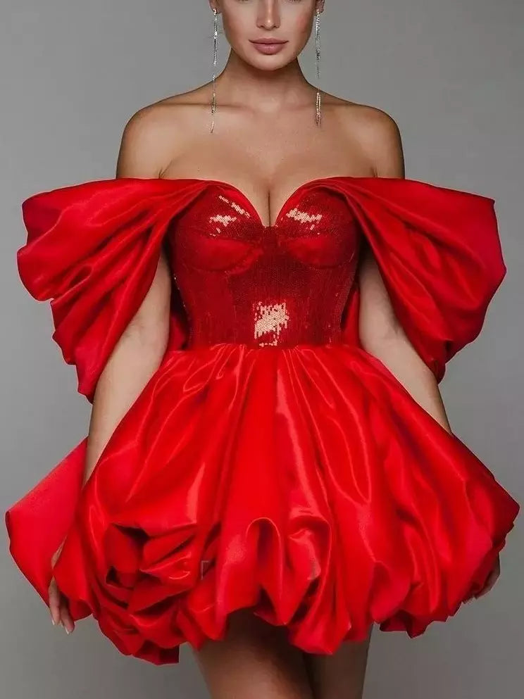 Draped off-the-shoulder red sequin dress by Branna Couture, fit and flared style