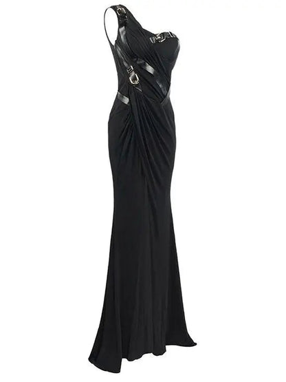 Draped One-Shoulder Strap-Detailed Long Black Gown - Dresses