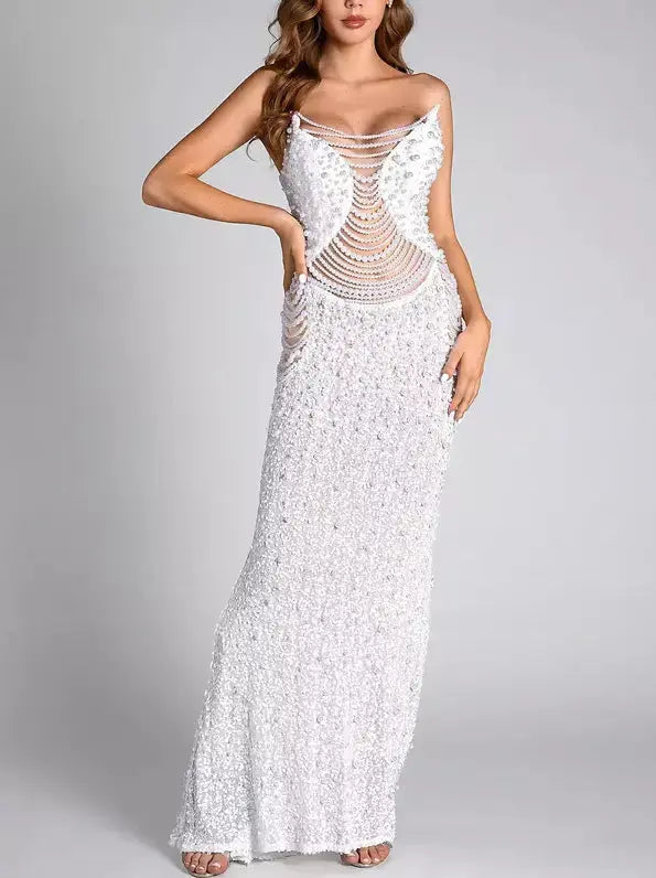 Draped Pearl Chain Embellished Long Gown - Dresses