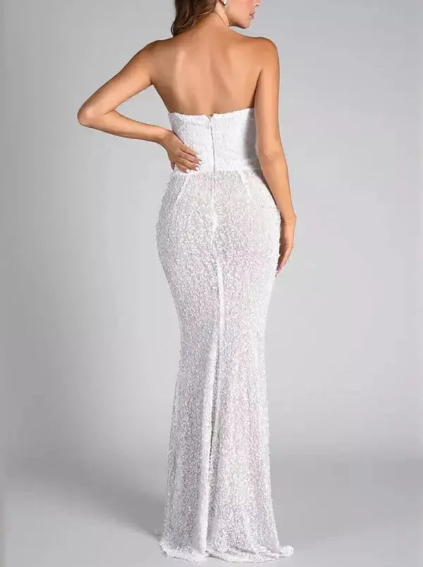 Draped Pearl Chain Embellished Long Gown - Dresses