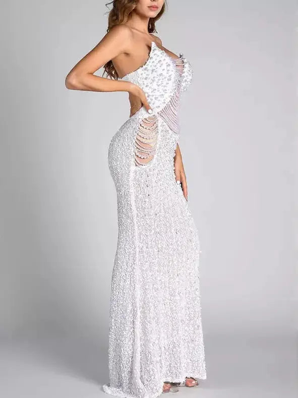 Draped Pearl Chain Embellished Long Gown - Dresses