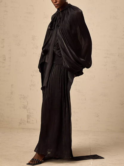 Draped Pleated Tie-Neck Maxi Dress in Black - Dresses