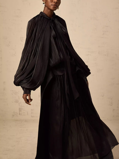 Draped Pleated Tie-Neck Maxi Dress in Black - Dresses