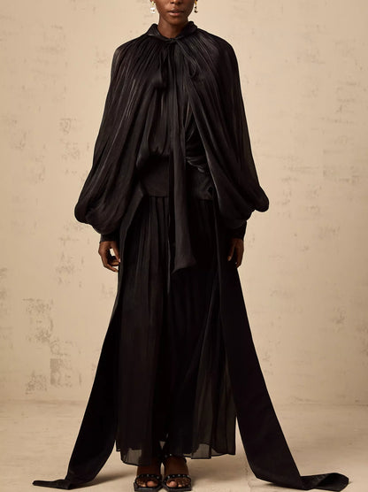 Draped Pleated Tie-Neck Maxi Dress in Black - Dresses