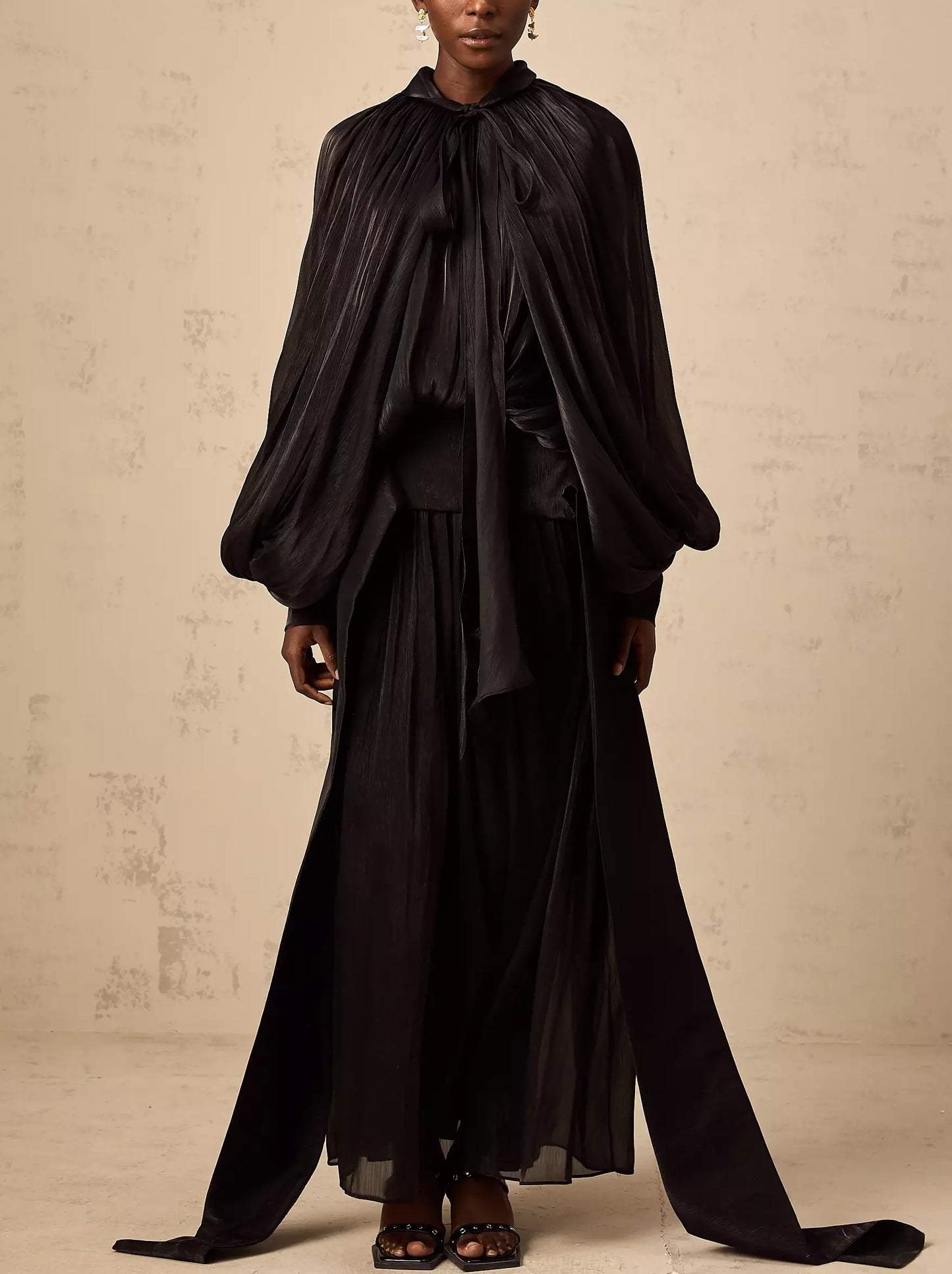 Draped Pleated Tie-Neck Maxi Dress in Black - Dresses