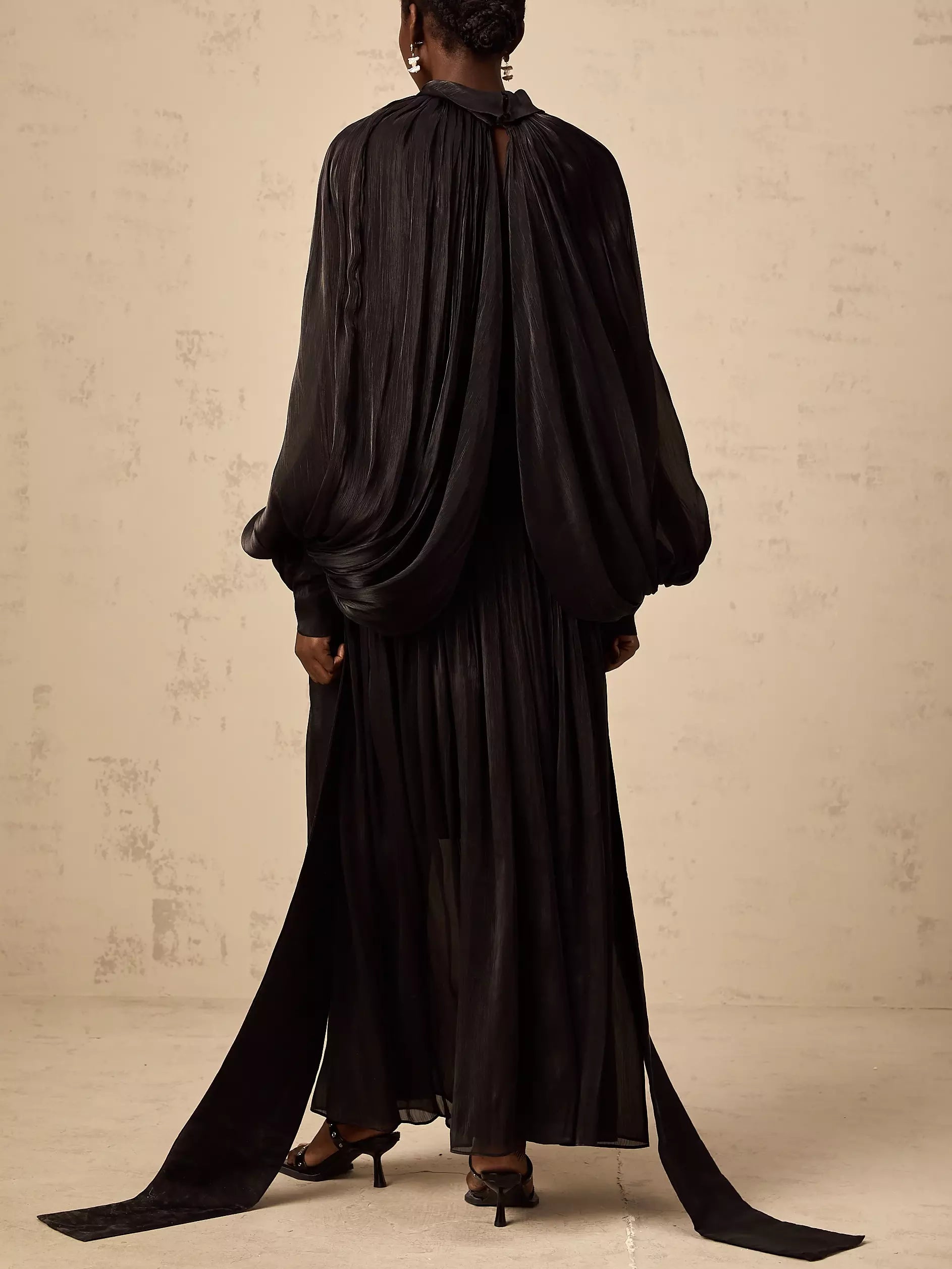 Draped Pleated Tie-Neck Maxi Dress in Black - Dresses