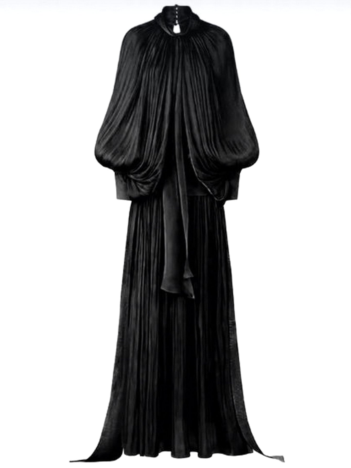 Draped Pleated Tie-Neck Maxi Dress in Black - Dresses