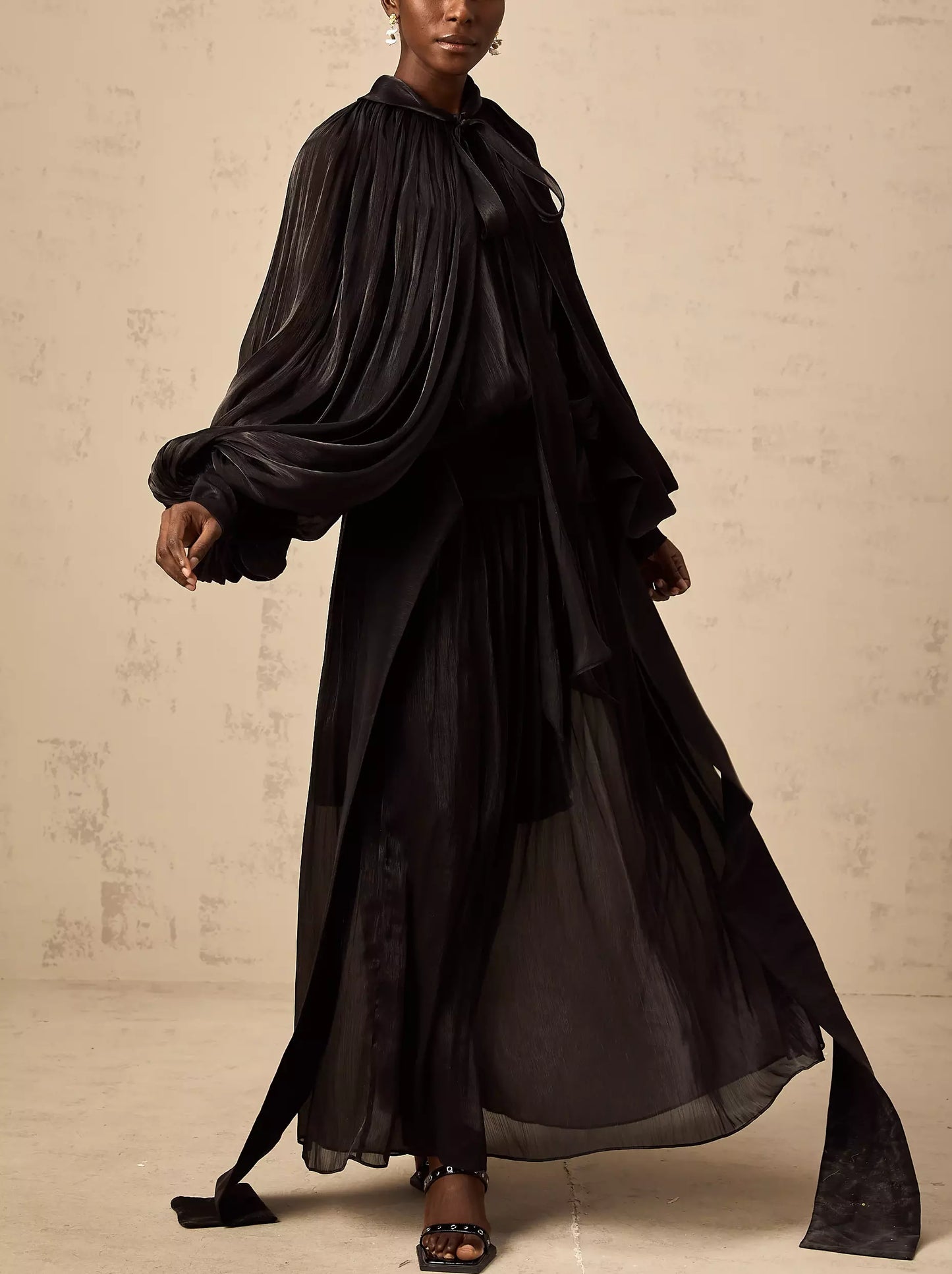 Draped Pleated Tie-Neck Maxi Dress in Black - Dresses