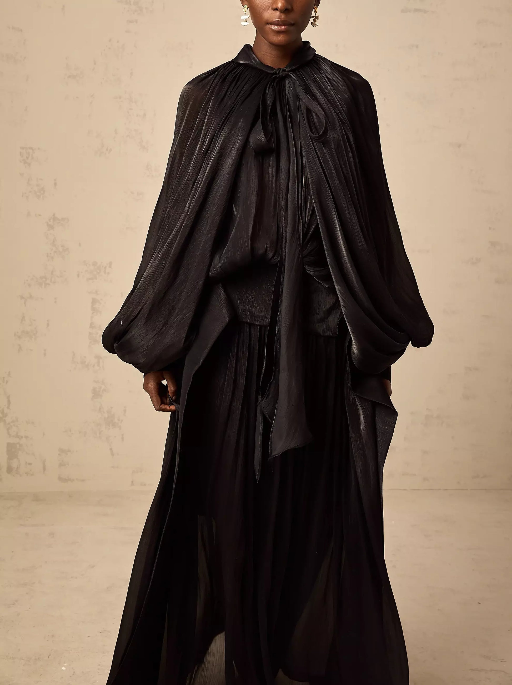 Draped Pleated Tie-Neck Maxi Dress in Black - Dresses