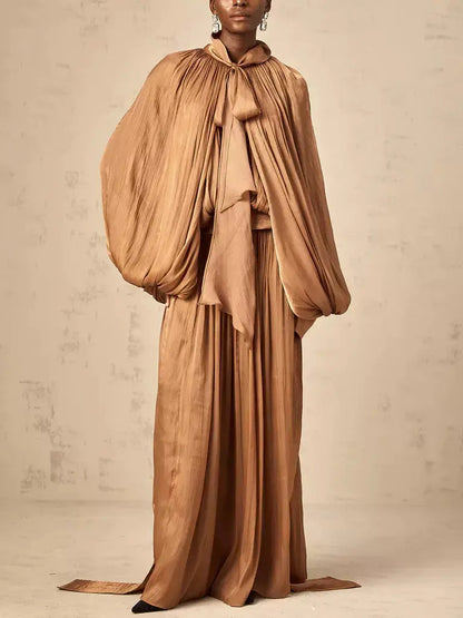 Draped Pleated Tie-Neck Maxi Dress in Brown - Dresses