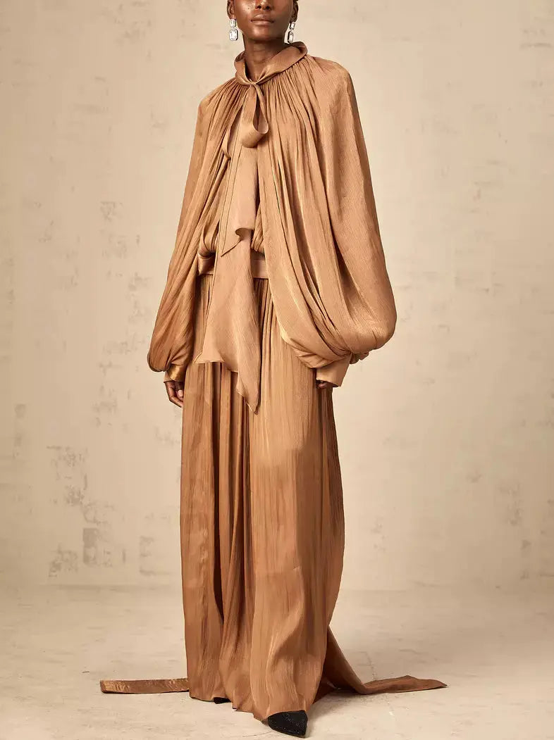 Draped Pleated Tie-Neck Maxi Dress in Brown - Dresses