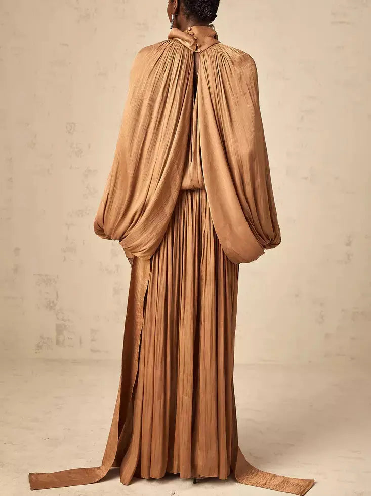 Draped Pleated Tie-Neck Maxi Dress in Brown - Dresses