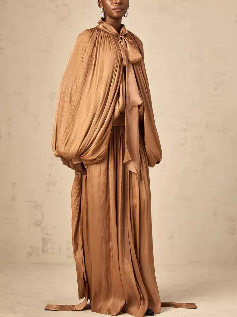 Draped Pleated Tie-Neck Maxi Dress in Brown - Dresses