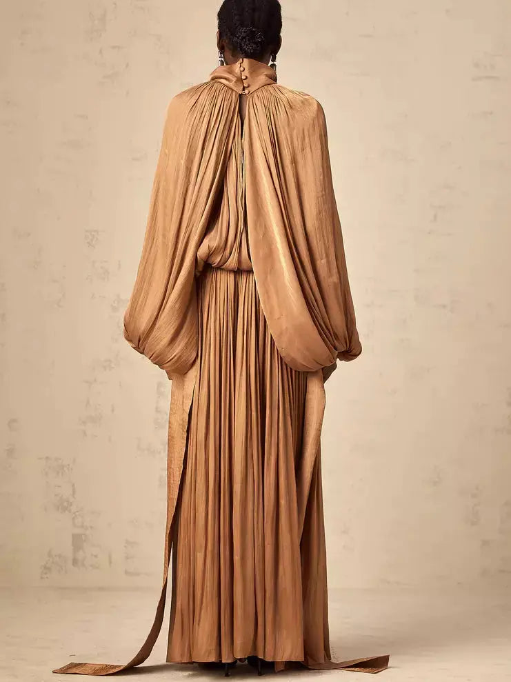 Draped Pleated Tie-Neck Maxi Dress in Brown - Dresses