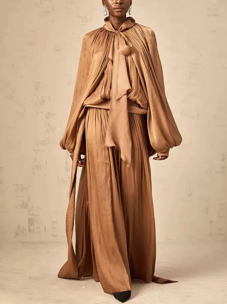 Draped Pleated Tie-Neck Maxi Dress in Brown - Dresses