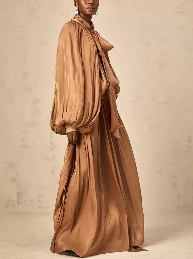 Draped Pleated Tie-Neck Maxi Dress in Brown - Dresses