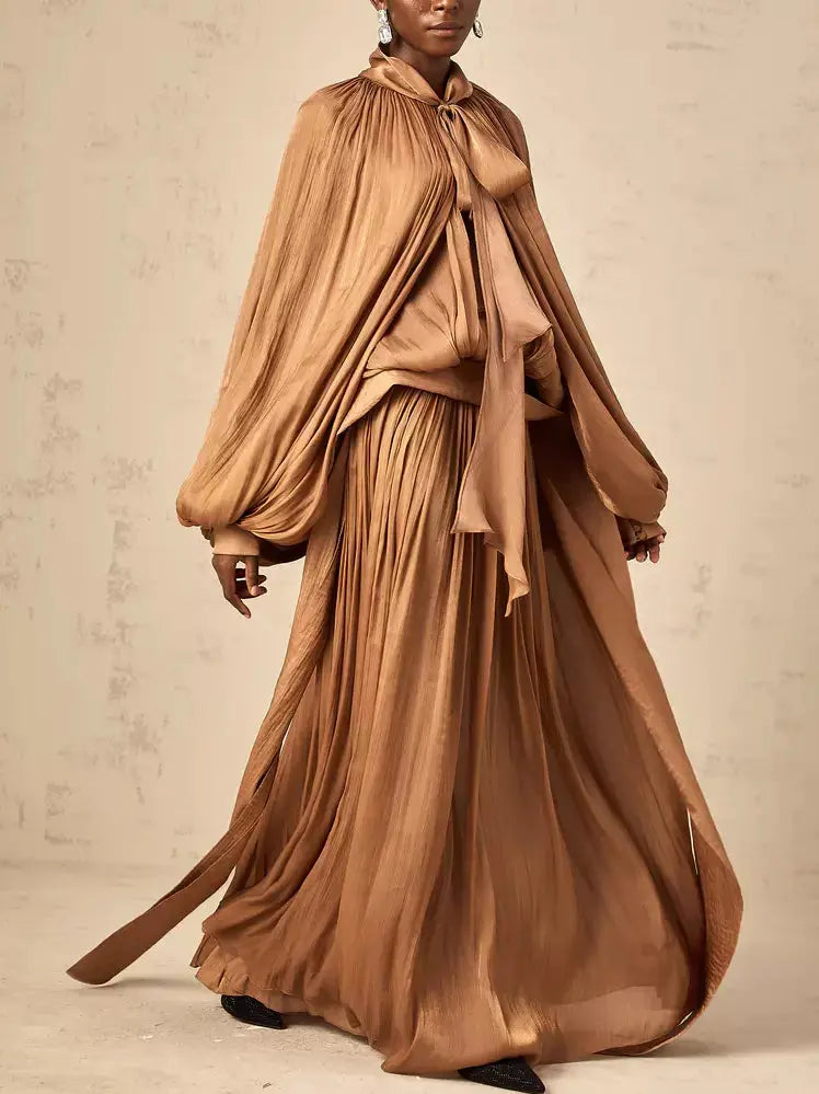 Draped Pleated Tie-Neck Maxi Dress in Brown - Dresses