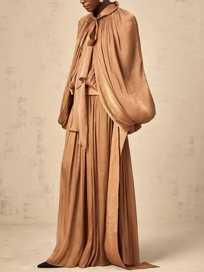 Draped Pleated Tie-Neck Maxi Dress in Brown - Dresses